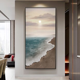 旭日东升海边风景进门正对墙玄关装 饰画高级肌理感客厅背景墙挂画