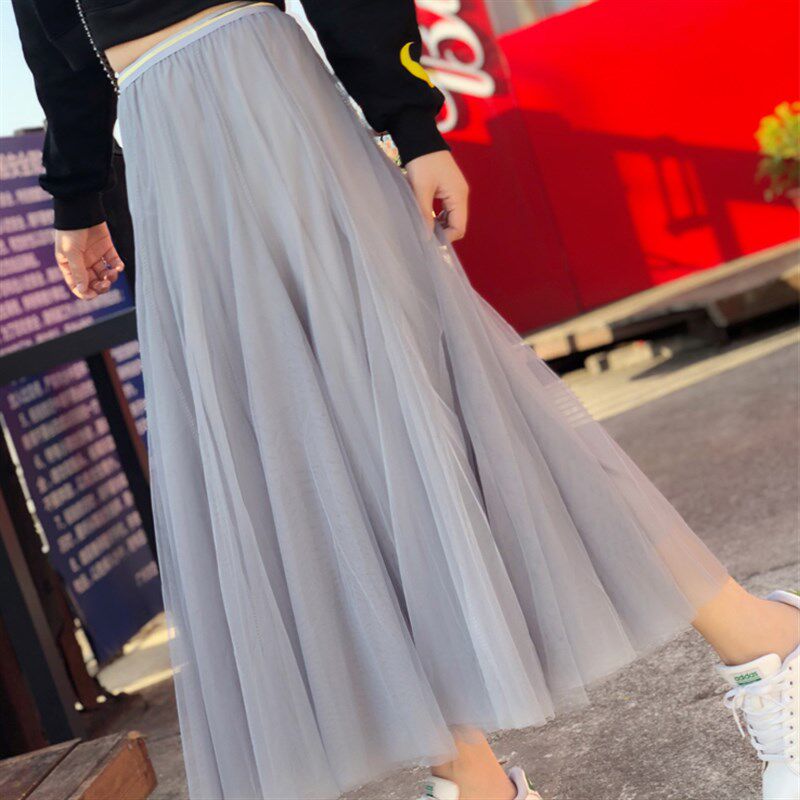 2021新款白色纱裙女半身裙春款垂感网纱百褶长裙中长款小个子裙子
