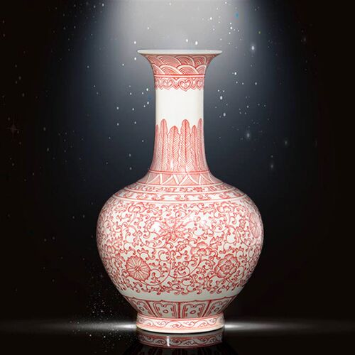 花瓶陶瓷器手绘釉里红缠枝莲福桶 景德镇赏瓶摆件 客厅复古装饰品