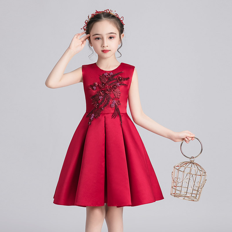 儿童演出服女童公主裙小学生合唱红色主持人礼服夏季朗诵表演服装