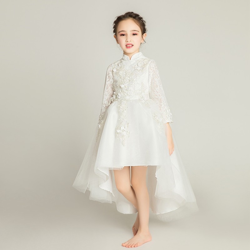 儿童晚礼服公主裙女童小礼服裙花童婚纱白色纱裙长袖洋气新款2023