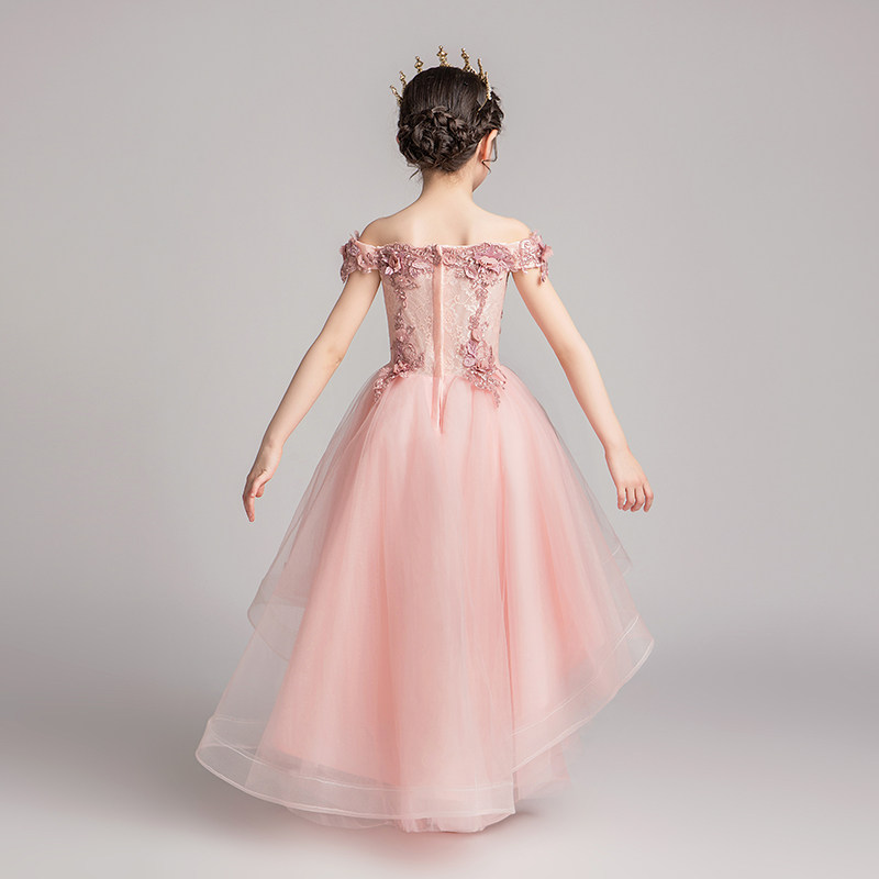 小女孩公主裙女童洋气一字肩花童礼服主持人儿童钢琴演出服粉色夏