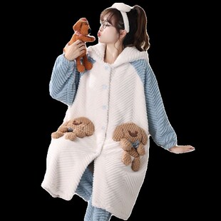 新款 公仔熊睡衣女秋冬珊瑚绒加厚加绒浴袍睡袍晨袍可爱家居服套装