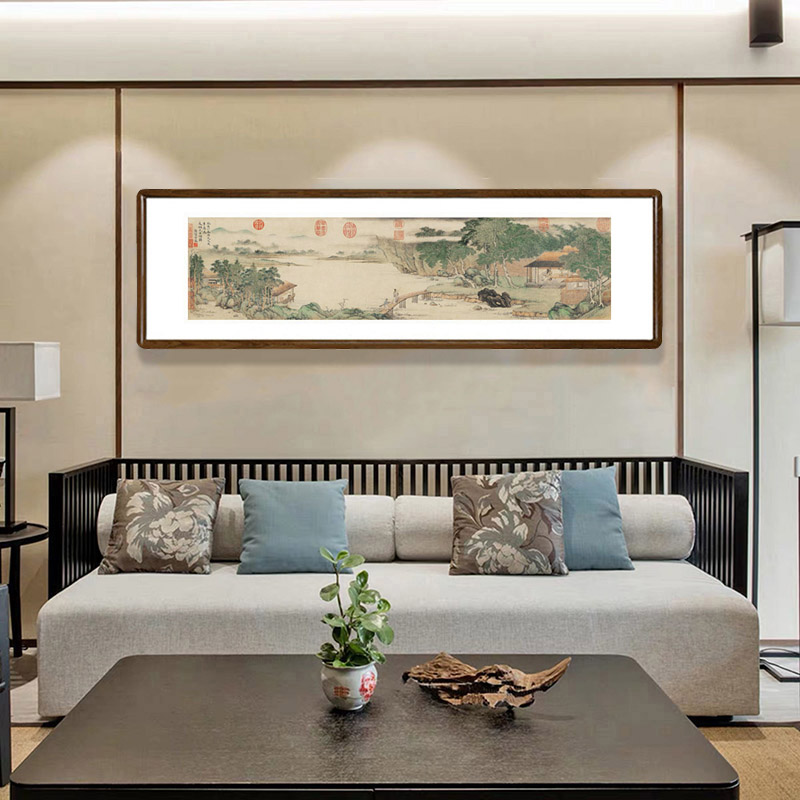 携琴访友图山水画新中式客厅装饰画办公室茶室沙发背景墙复古挂画