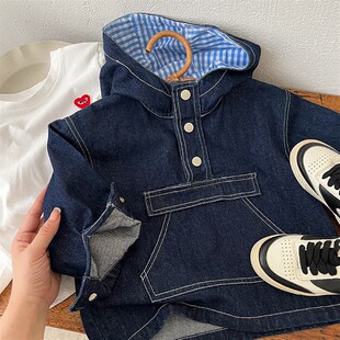 儿童软牛仔衣男童春秋套头衫小童口袋上衣明线宝宝连帽外套女洋气