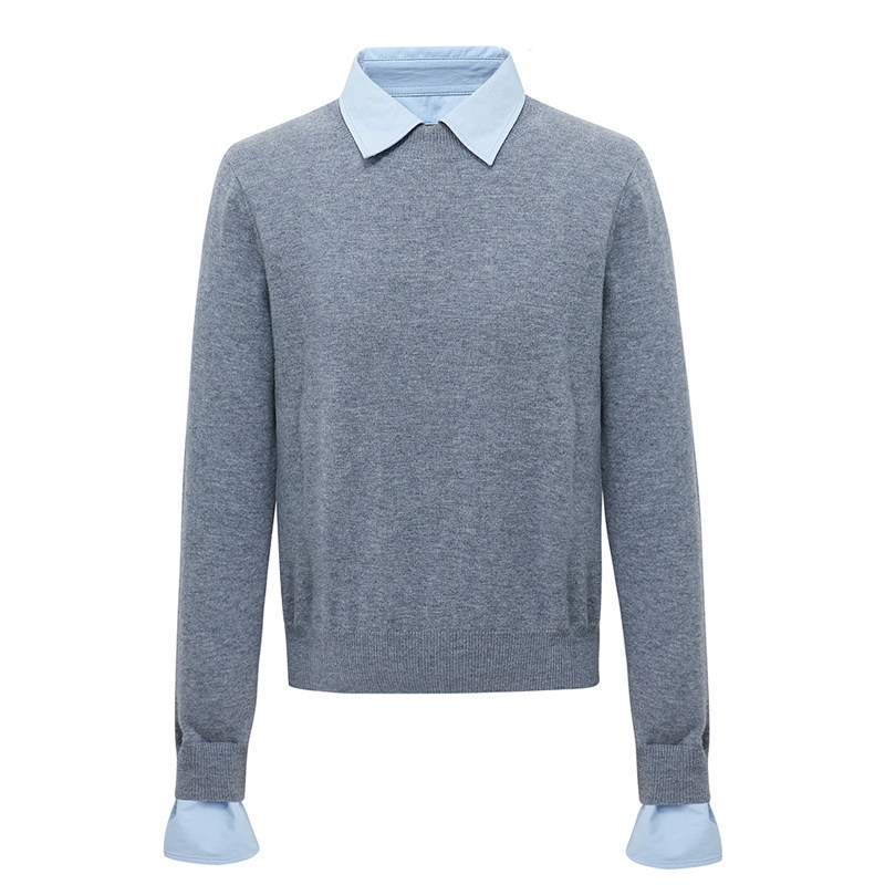 2023新款拼接衬衫领针织衫毛衣秋冬季打底衫假两件羊毛上衣套头女