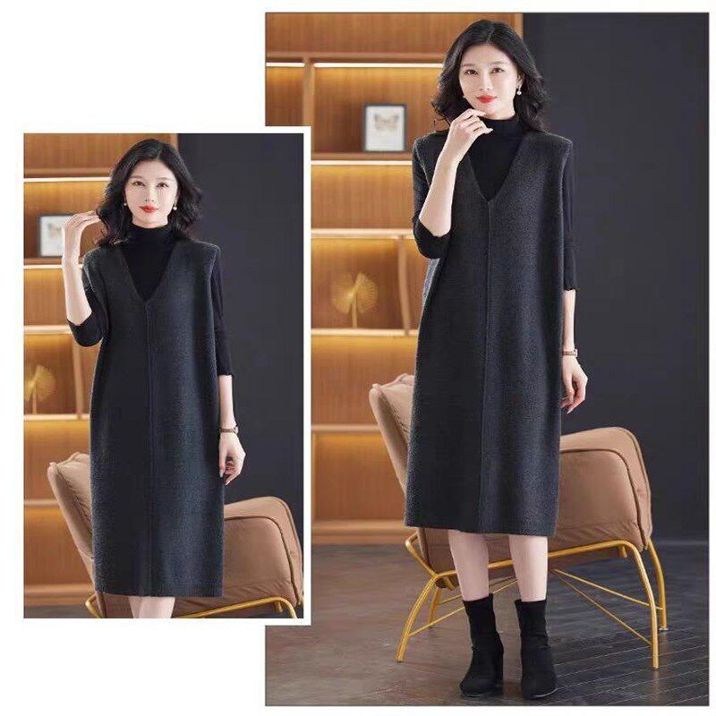 高端春秋冬季羊毛绒针织背心连衣裙子大码胖mm遮肚气质V领a字长裙