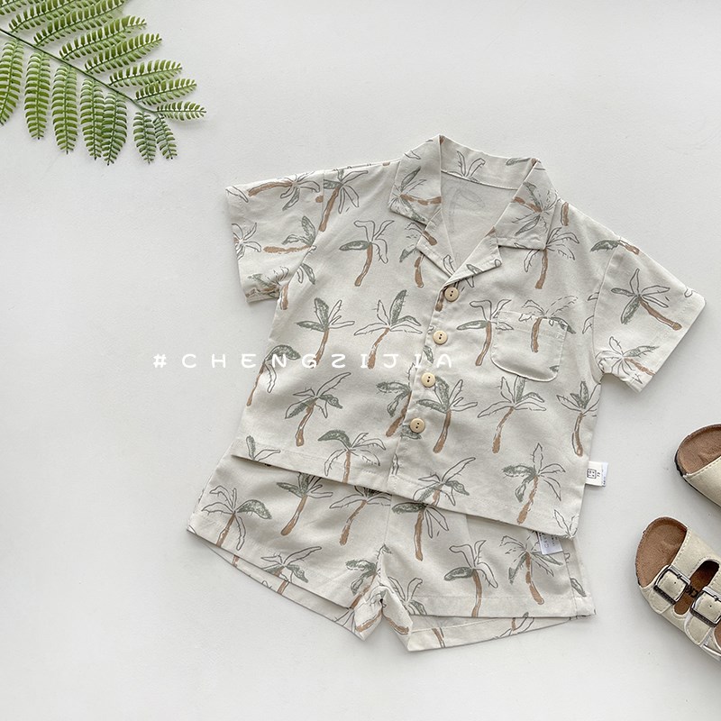 夏季男宝宝休闲度假风椰树T恤套装婴幼儿短袖衬衫女童短裤两件套