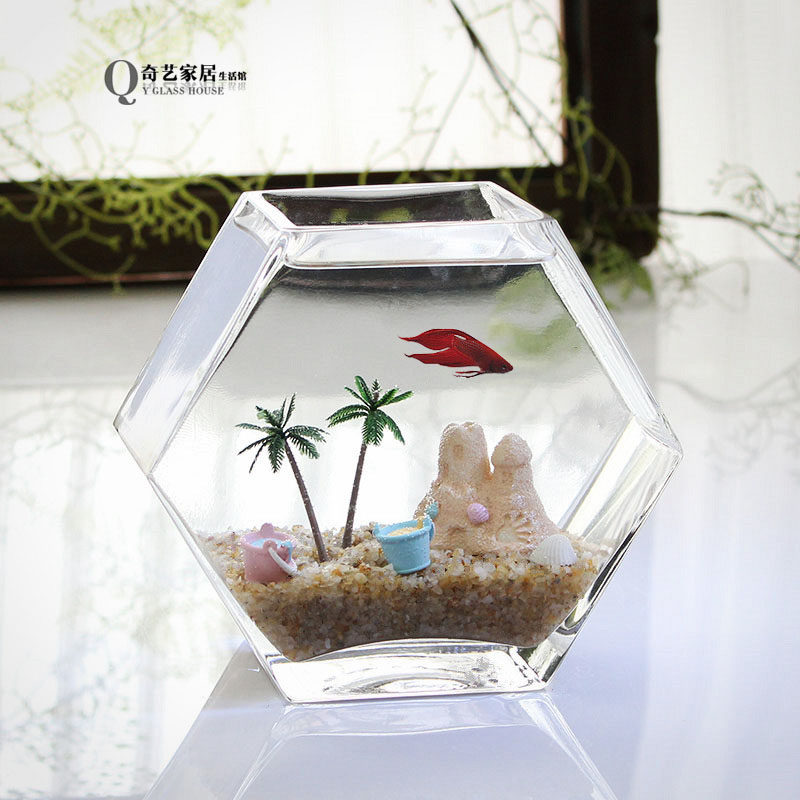 个性斗鱼缸热带鱼缸小号高透亮玻璃鱼缸桌面鱼缸五边形水培花瓶
