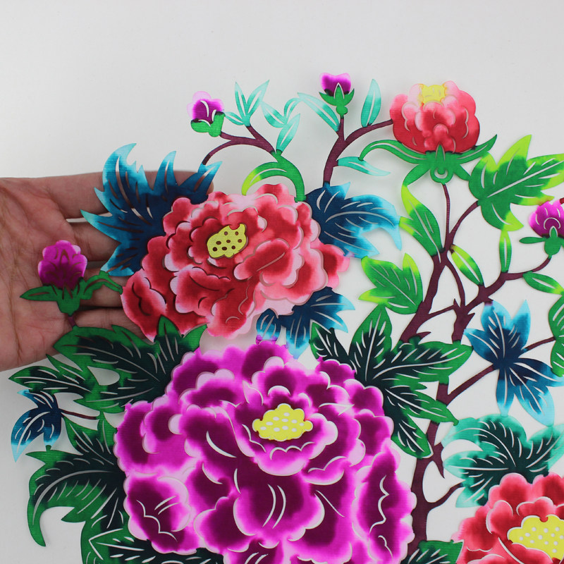 中国风工艺品彩色剪纸窗花手工点彩剪纸画节庆家居装饰画国色天香