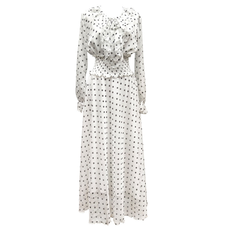 波点雪纺连衣裙长袖女夏大码显瘦长裙荷叶领沙滩裙子大摆海边度假