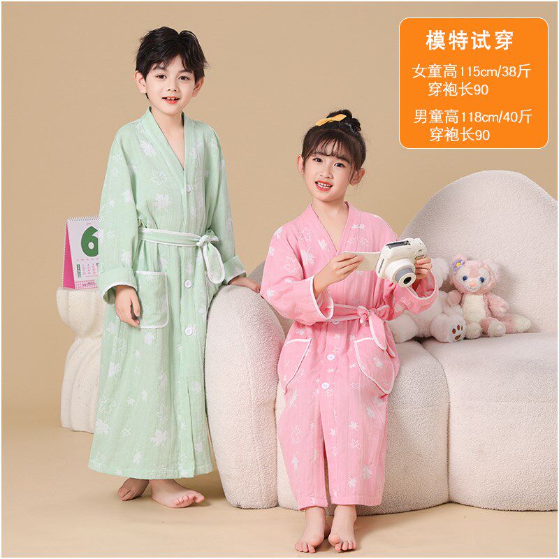 薄款双层纱布夏天游泳吸水儿童浴袍全棉男童女孩子中大童带扣睡袍