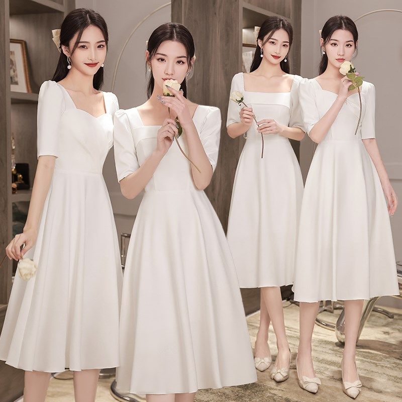 白色伴娘服缎面2024新款姐妹团礼服女平时可穿小个子高级感订婚裙