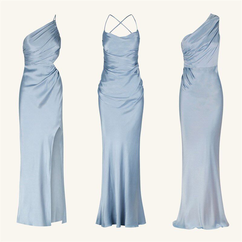 蓝色缎面婚礼伴娘服轻礼服姐妹团伴娘裙显瘦鱼尾高级感艺考主持人
