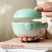 创意可爱河豚陶瓷烟灰缸酒店家用民宿宾馆家居装 饰摆件带盖防飞灰