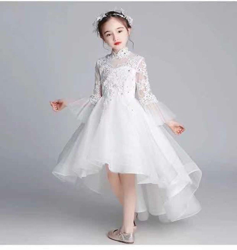儿童主持人礼服女秋冬公主裙女童钢琴表演2021走秀气质生日白纱裙