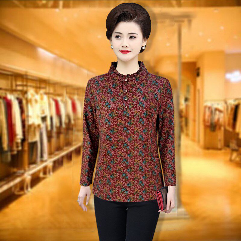 洋气妈妈秋冬装加绒长袖T恤中老年女款大码纯棉打底衫保暖女上衣