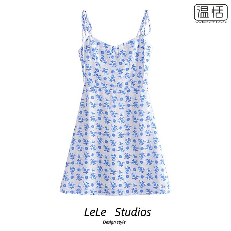 【包邮】法式双肩系带浪漫碎花吊带裙复古收腰显瘦A字度假连衣裙