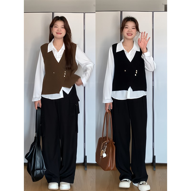 微胖的喵喵 秋季显瘦时尚百搭针织马甲白衬衫上衣大码套装女 1244