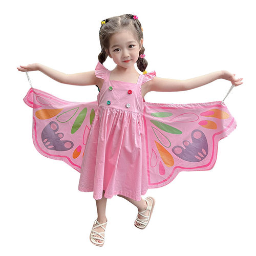 儿童蝴蝶翅膀吊带裙夏款女小童甜美公主裙棉布女童连衣裙洋气夏装