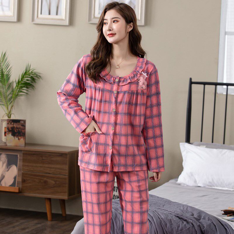 春秋无领睡衣女长袖纯棉开衫红色女款圆领中年妈妈全棉格子家居服