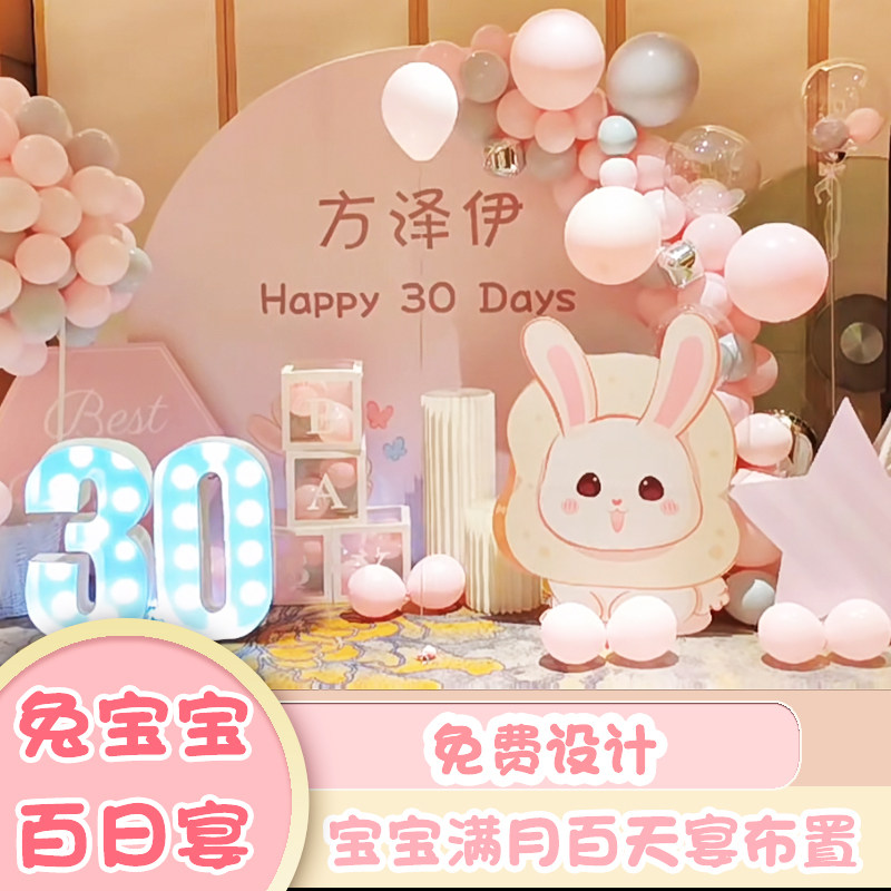 兔宝宝一周岁生日百天宴布置男女孩仪式感气球场景装饰背景墙kt板