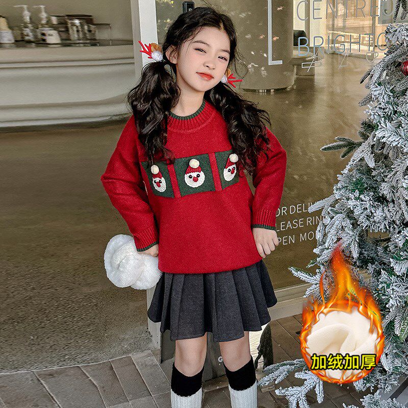 女童连衣裙秋冬款中大童冬装加绒加厚毛衣女孩红色过年套装裙子