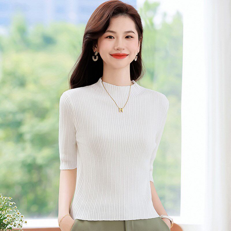 秋季女装2024新款小个子短款上衣中袖薄款针织衫修身半高领打底衫