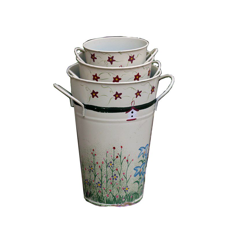 北欧铁皮花桶 家居彩绘花园室内桌面花瓶 花盆收纳桶阳台花器装饰