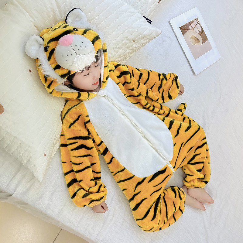 男童连身睡衣秋冬小童老虎法兰绒保暖家居服睡袋宝宝防着凉爬爬服