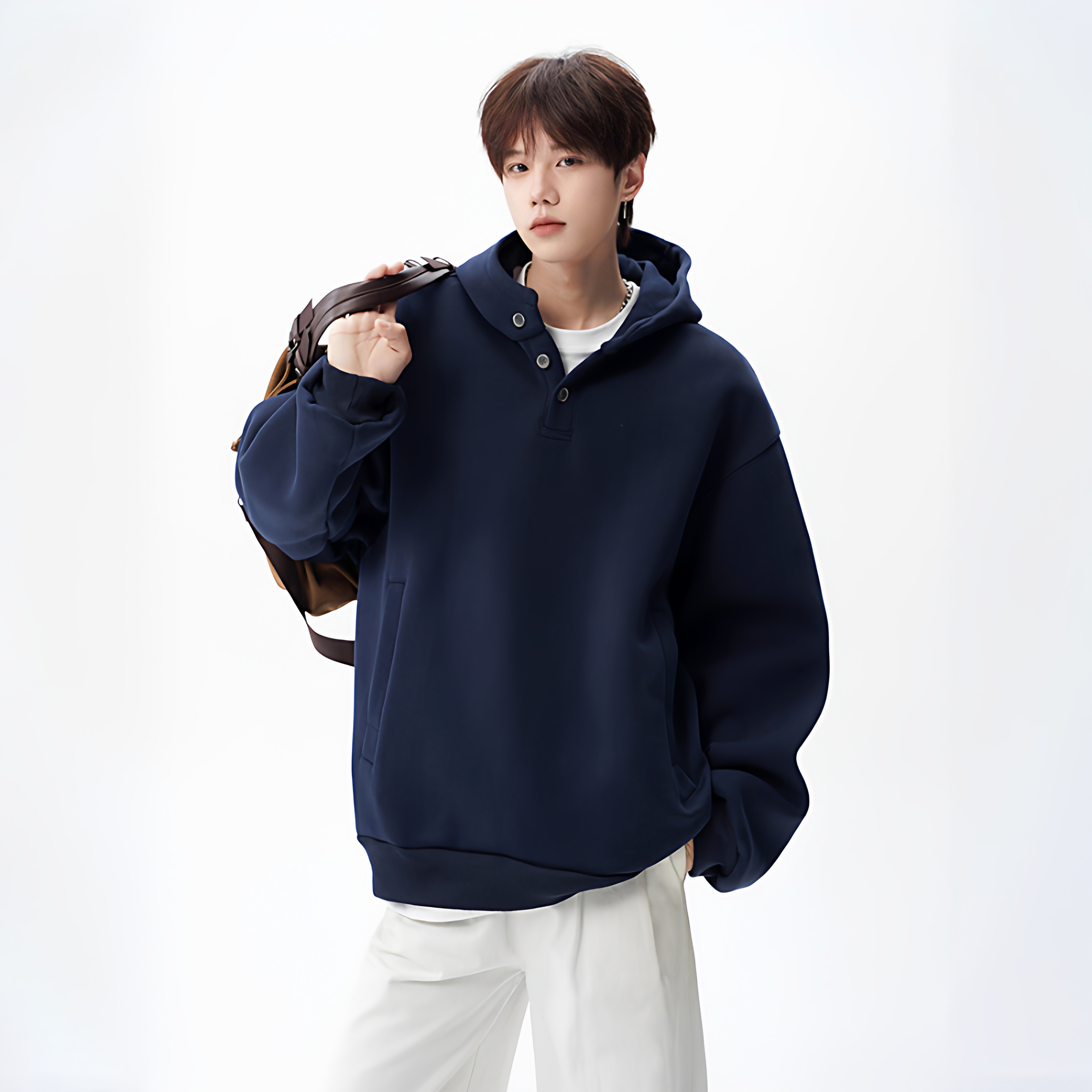 【2025新款】美式纽扣连帽卫衣男