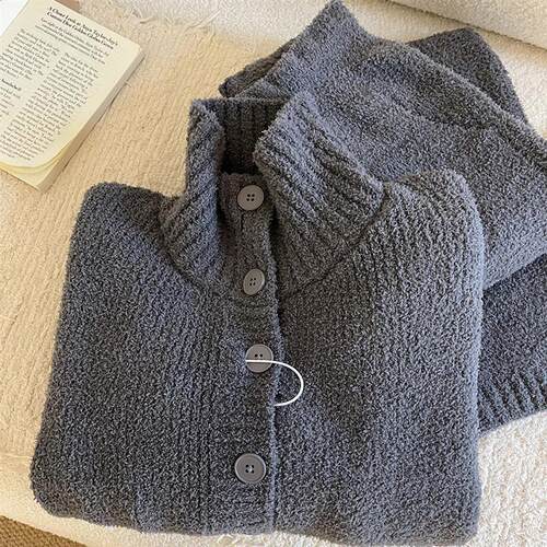 Sin Glee 韩系简约高领针织半边绒睡衣女冬季加绒保暖家居服套装