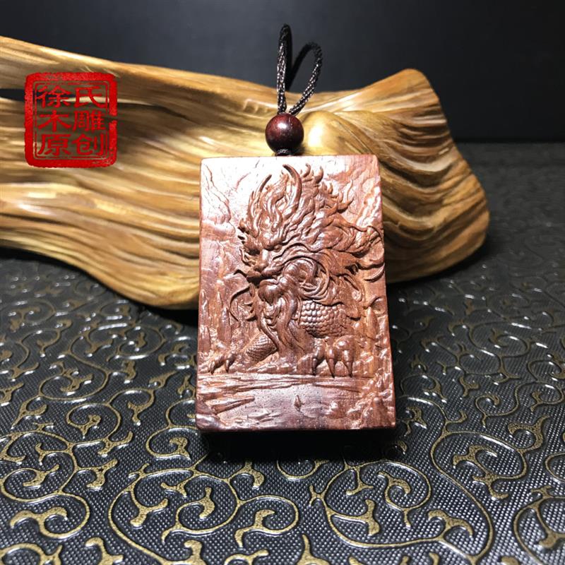 非洲小叶紫檀血檀红木木雕麒麟神兽瑞兽牌子项链吊坠挂件手把件