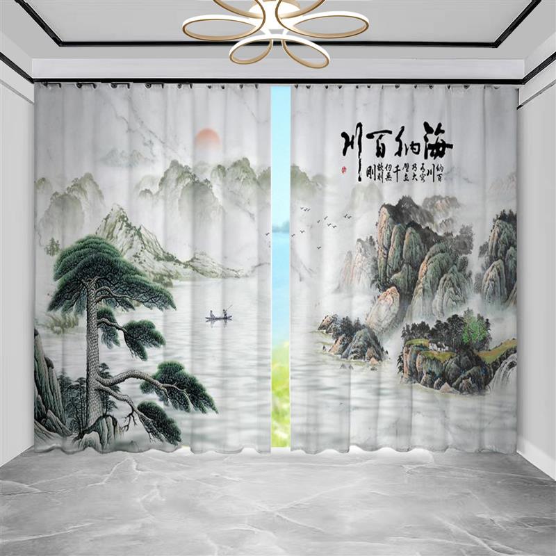 全屋定制新中式水墨山水窗帘书房茶室大气卧室透光不透人定制纱帘