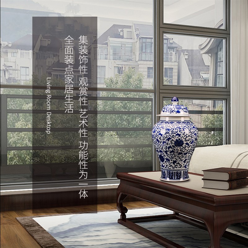 景德镇客厅装饰品复古摆件青花瓷花瓶将军罐斗彩陶瓷中式插花花器