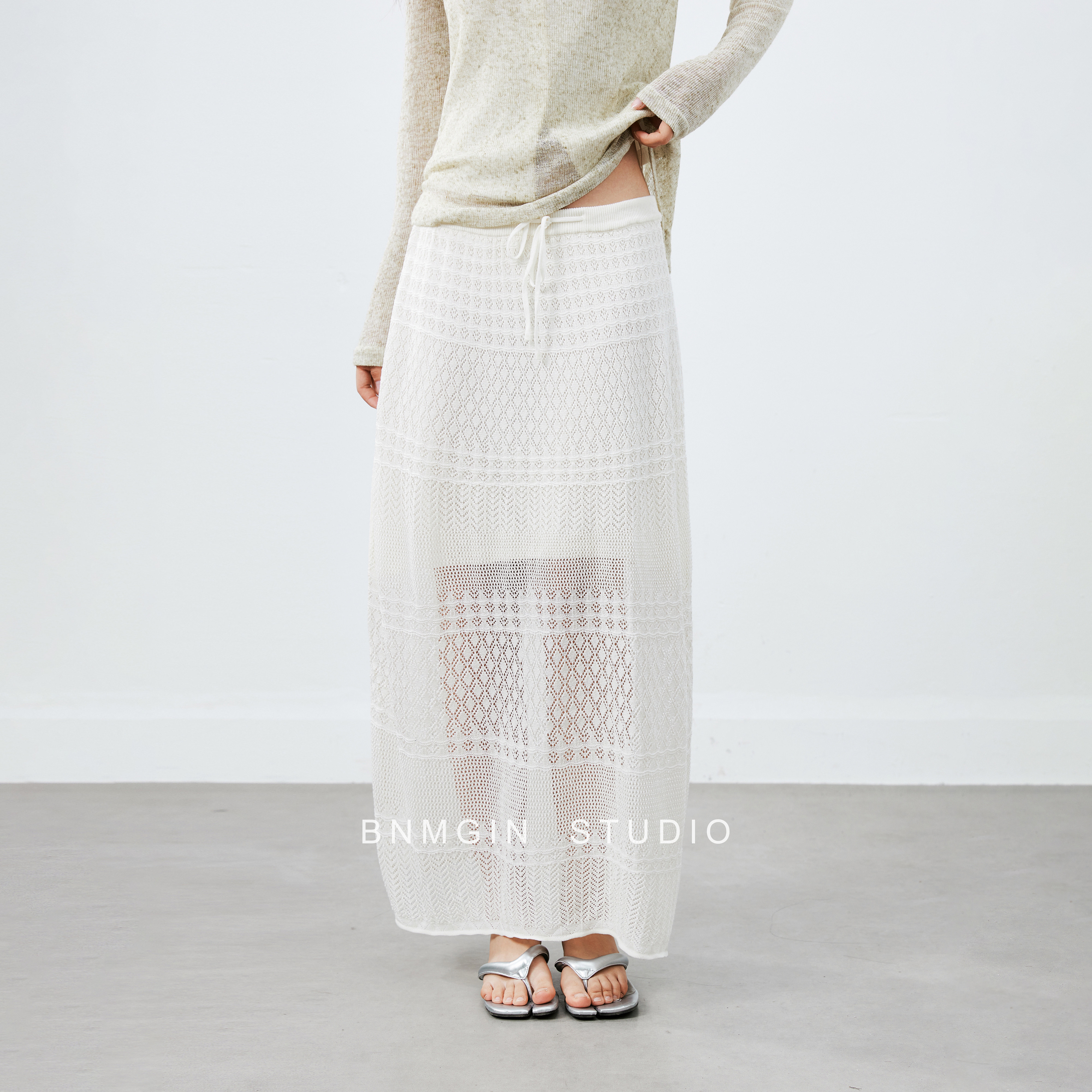 BNMGIN棱形微透镂空针织长裙女韩系欧尼中长款裙子气质亚麻半身裙