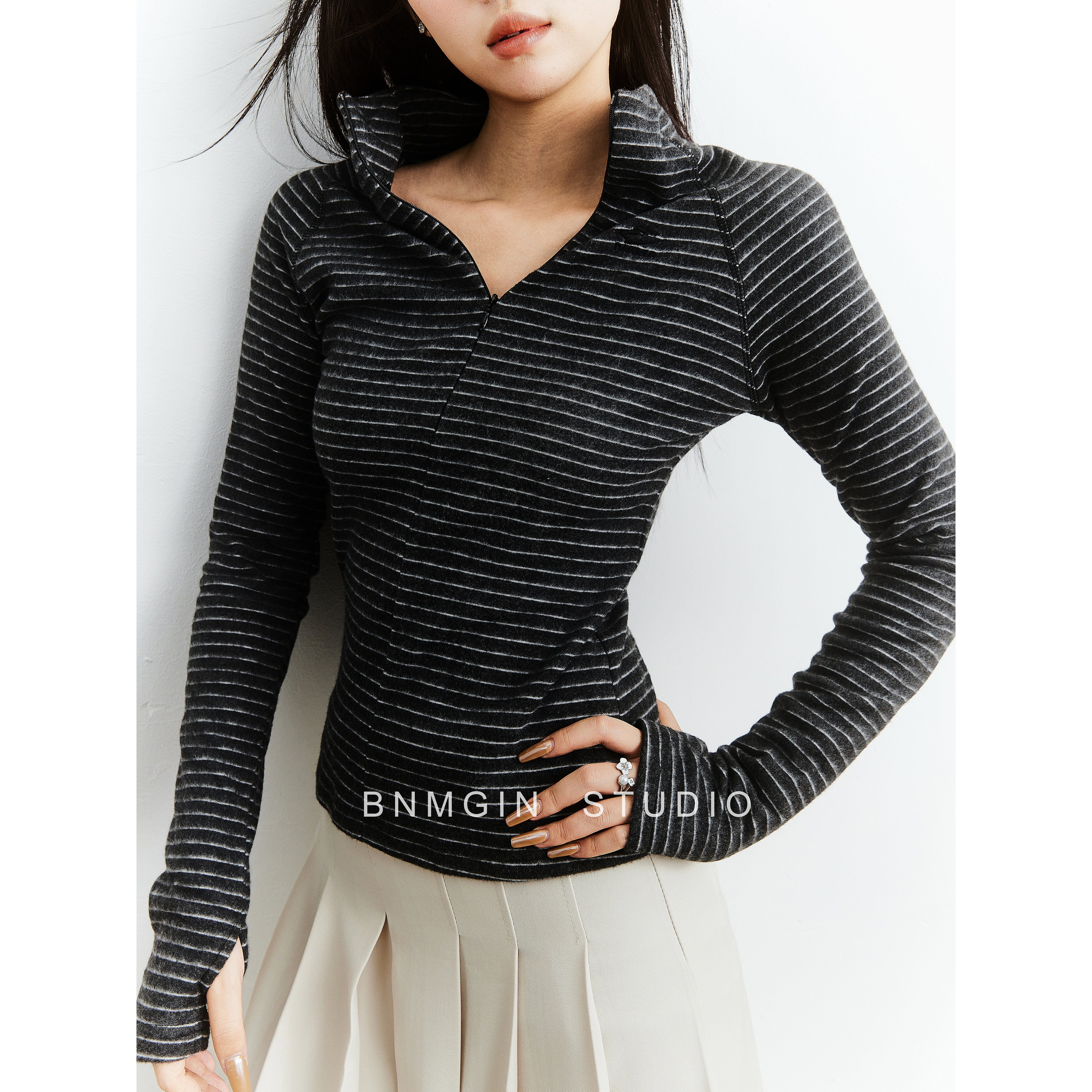 BNMGIN条纹长袖T恤女冬加厚德绒