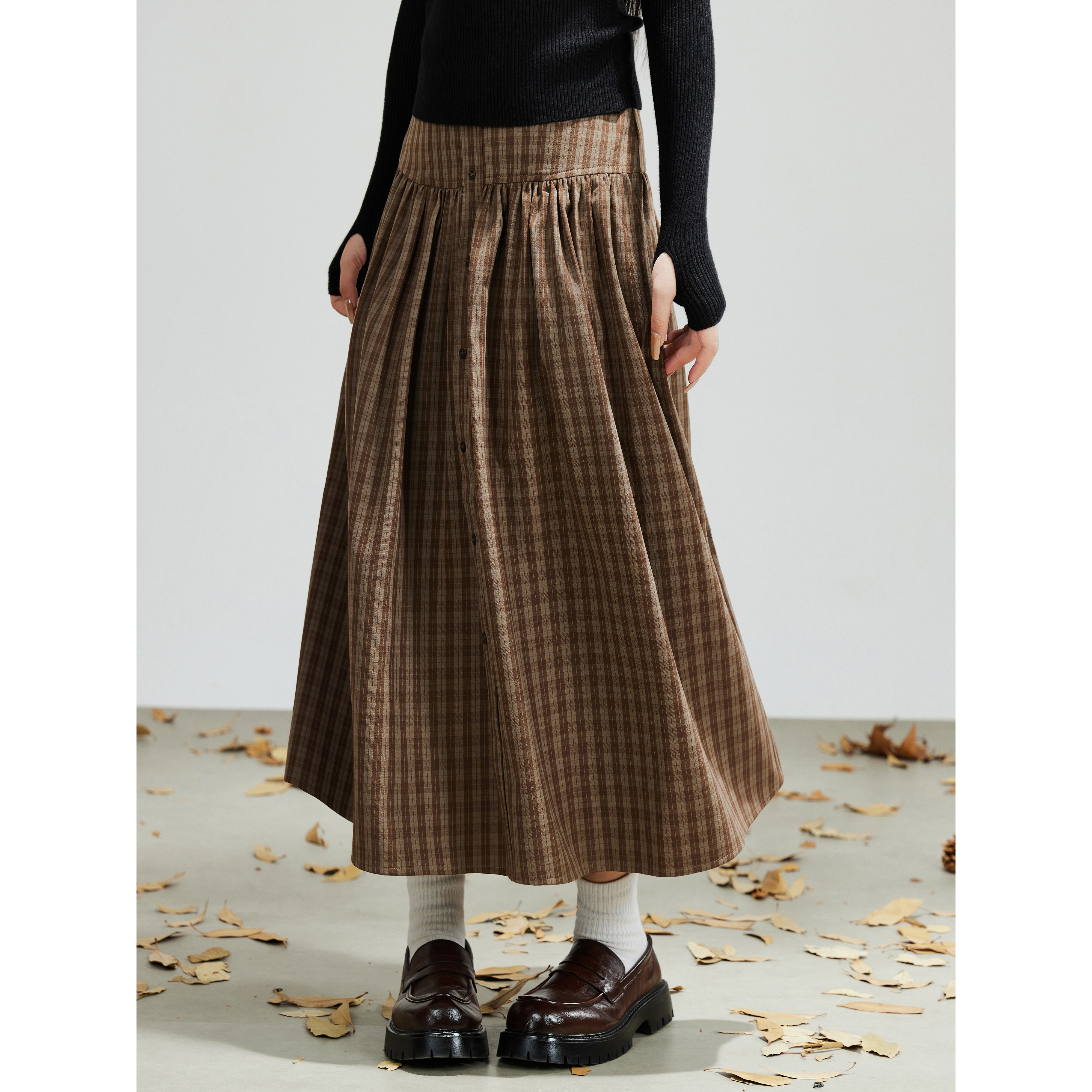 BNMGIN森系复古格子半身裙女中长