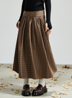BNMGIN森系复古格子半身裙女秋冬高腰显瘦中长款a字伞裙百搭裙子