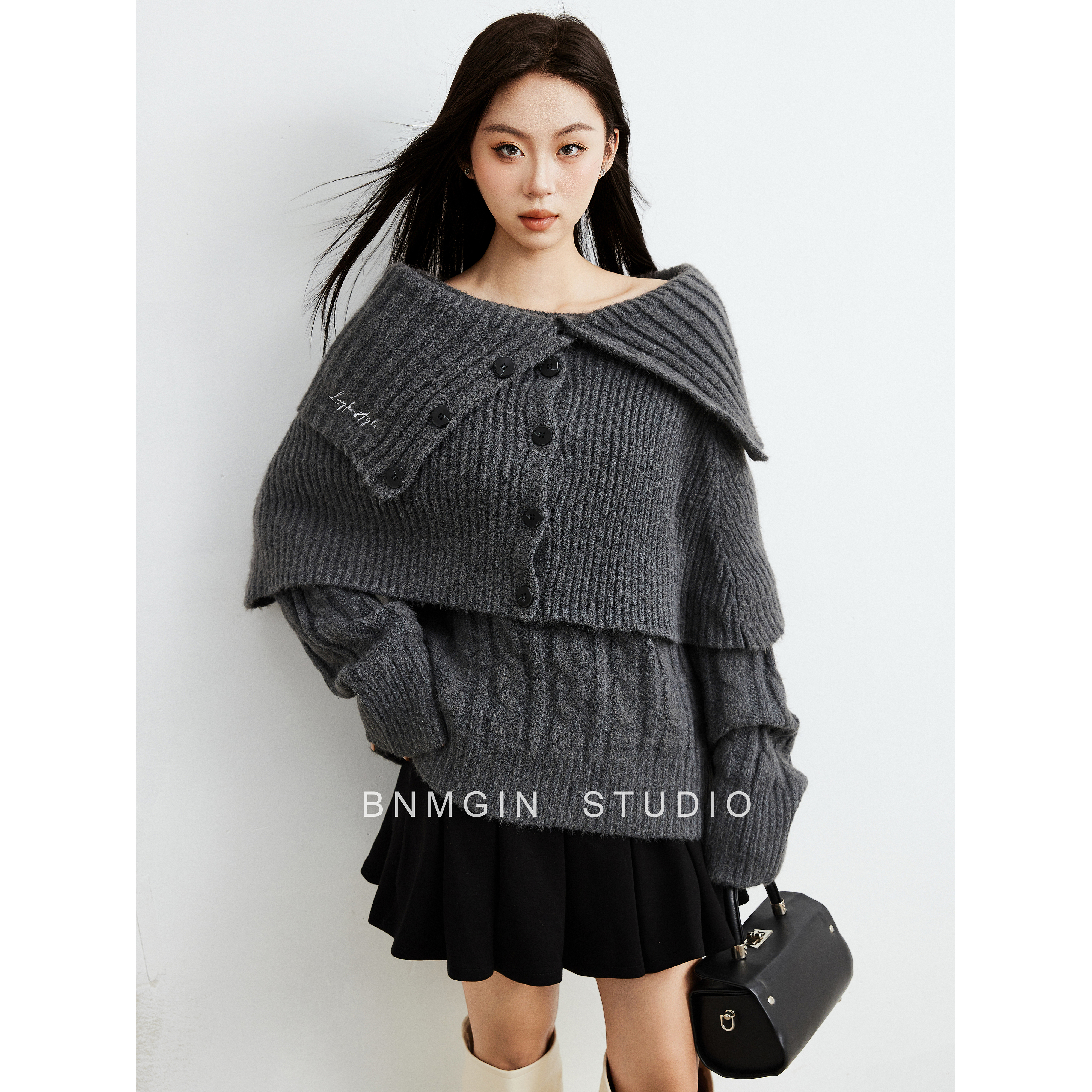 BNMGIN一字肩麻花毛衣女韩系穿搭可拆卸披肩多穿法宽松露肩针织衫