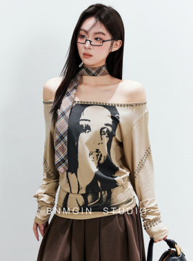BNMGIN2026春季长袖T恤女轻亚y2k人物印花铆钉一字肩宽松露肩上衣