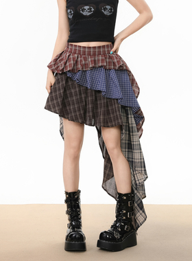 BNMGIN甜酷街头风不规则半身裙女格子拼接设计感蛋糕短裙小众裙子