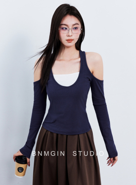 BNMGIN2026新款露肩长袖T恤女撞色拼接挂脖绝美巨好看的小上衣女
