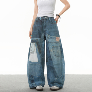 潮 子印花水洗蓝高街阔腿长裤 BNMGIN小众街头补丁拼接牛仔裤 男女裤