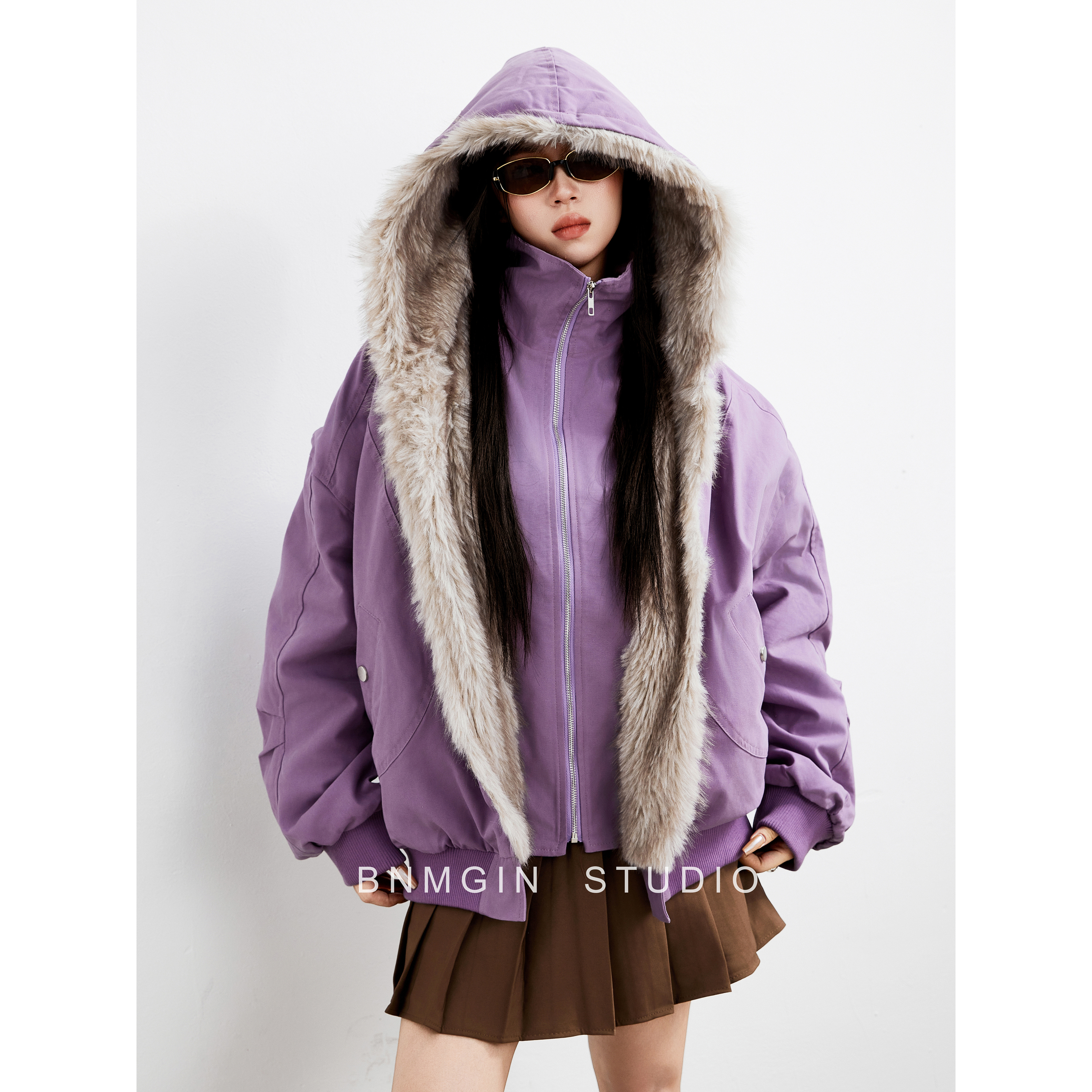 BNMGIN紫色毛领连帽假两件棉服女