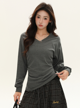 BNMGIN简约百搭V领长袖t恤女2025新款设计感外穿抽绳收腰纯色上衣