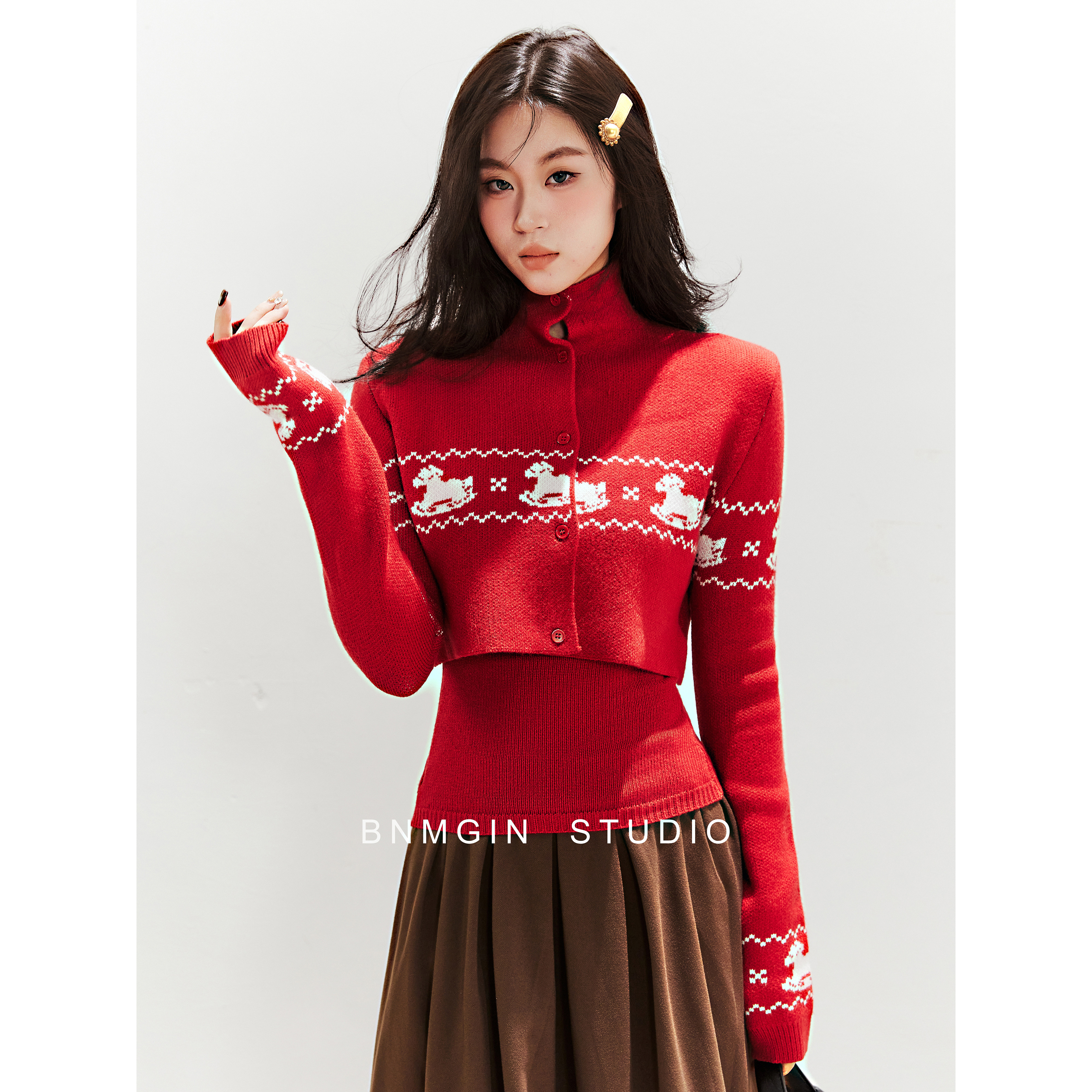 BNMGIN圣诞红色毛衣女叠穿两件套