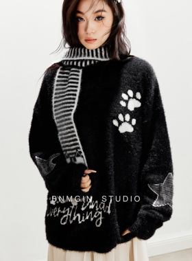 BNMGIN围巾领韩系秋冬毛衣女软糯加厚松弛宽松套头卡通提花针织衫