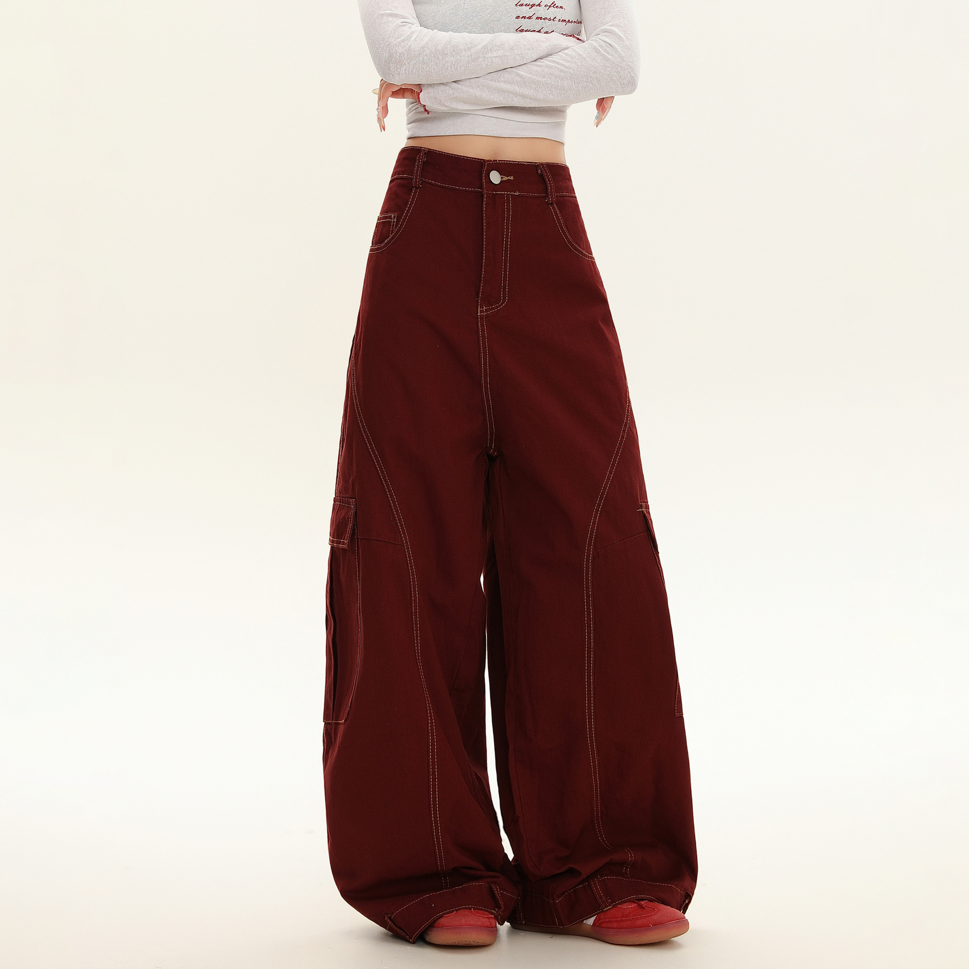 BNMGIN美式复古红色弯刀工装裤