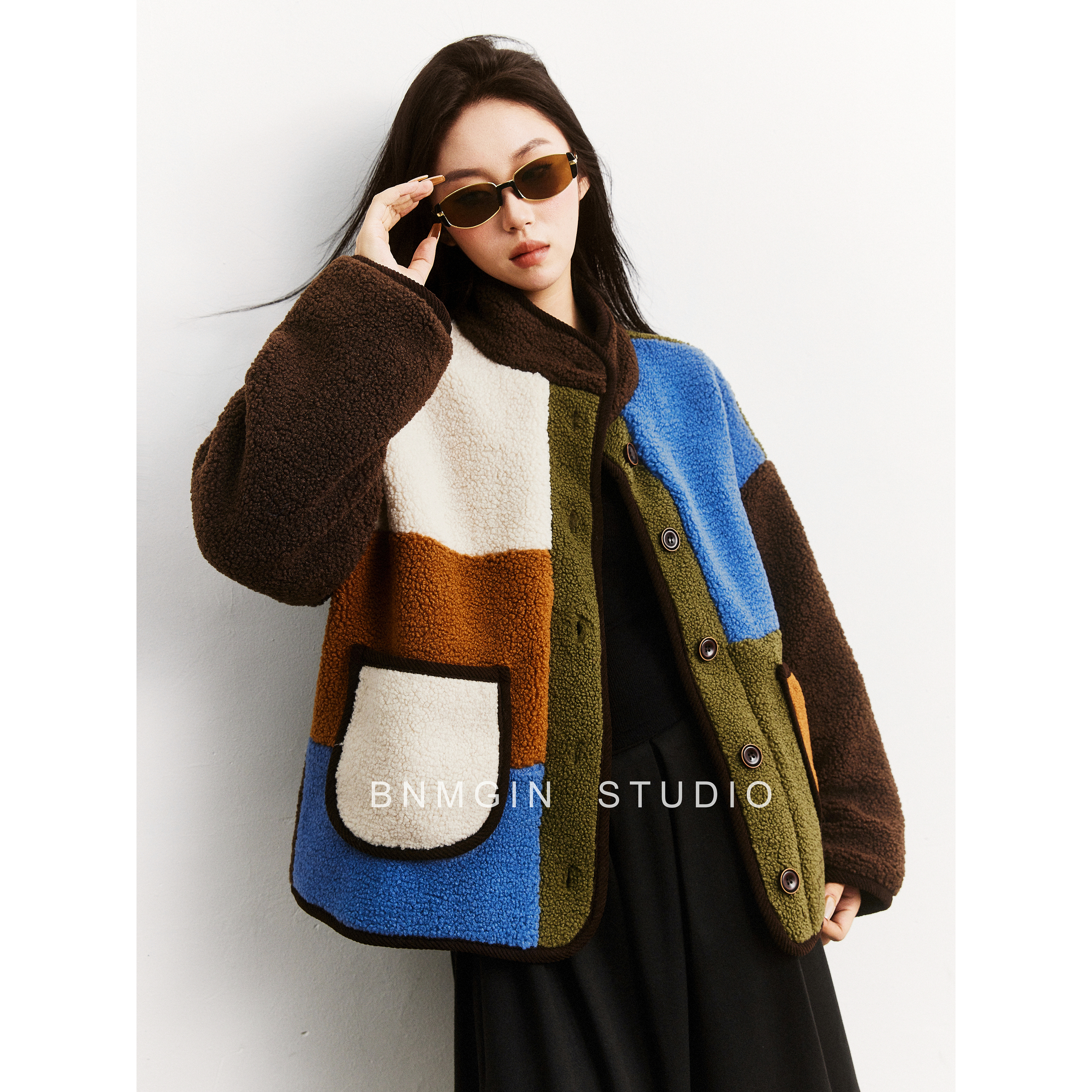 BNMGIN拼色羊羔毛外套女夹棉加厚
